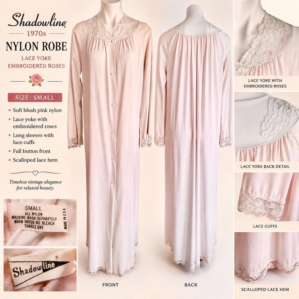Shadowline 1970s Blush Pink Nylon Robe Lace Yoke Embroidered Roses Small